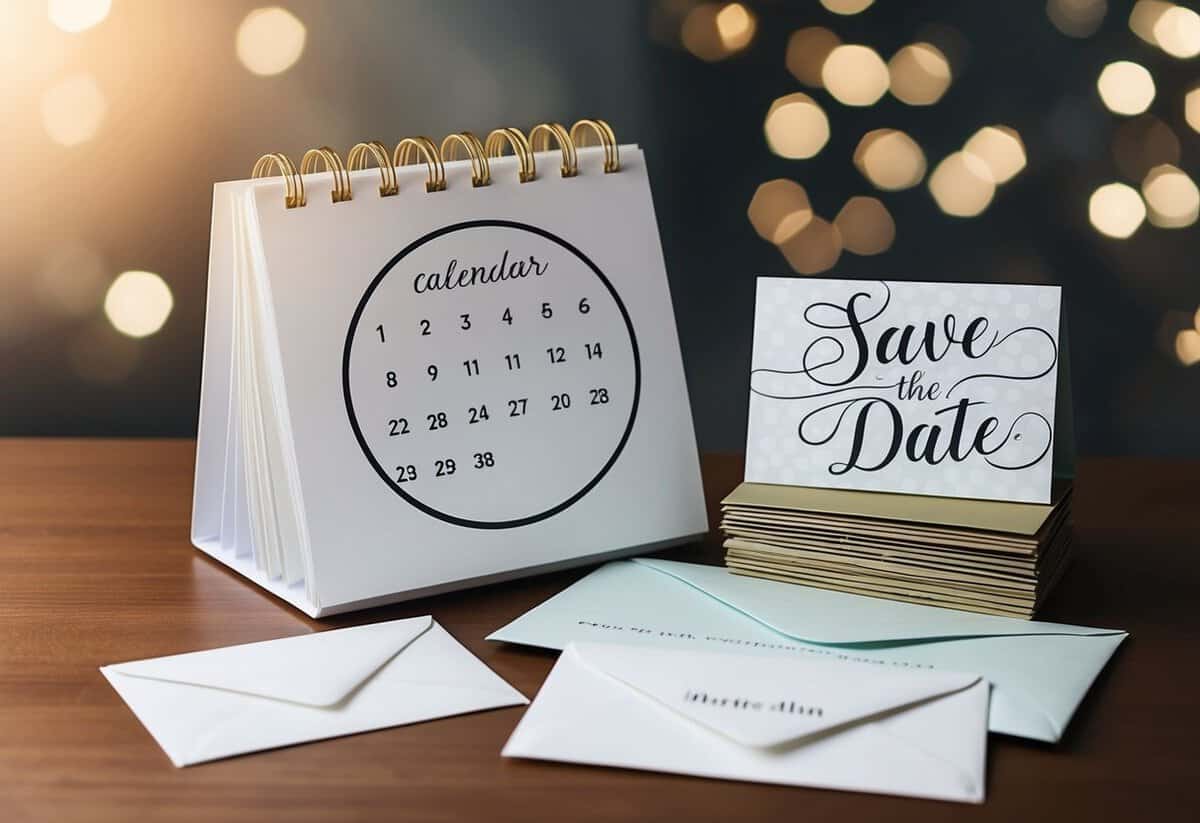 A calendar with a circle around the date, a stack of envelopes, and a wedding invitation with a "Save the Date" message