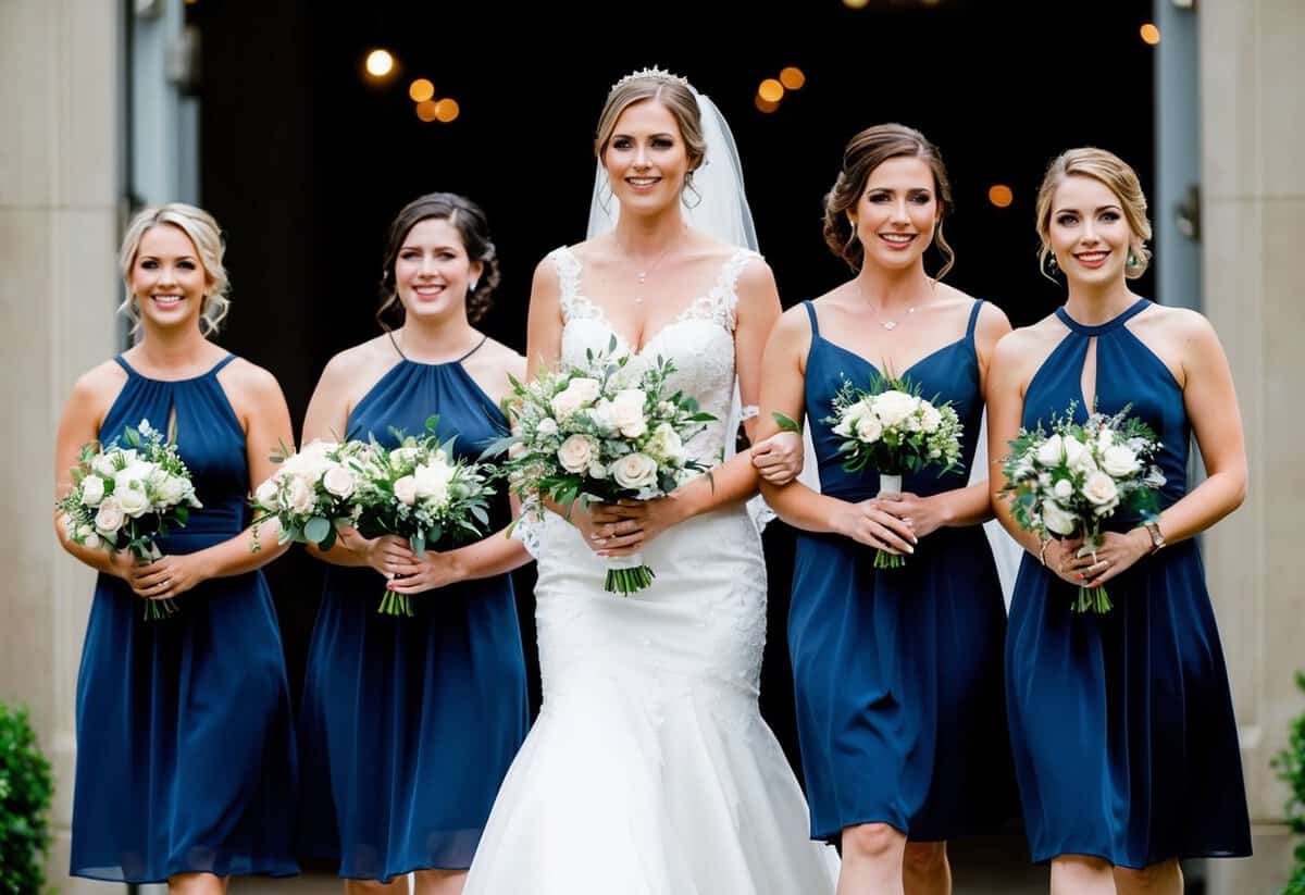 Bridesmaids walk in ahead of the bride, holding bouquets