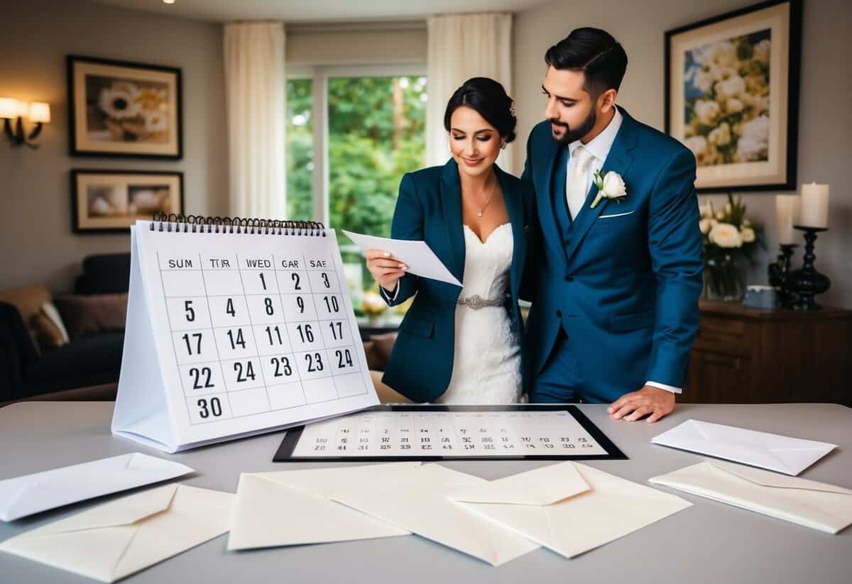 A bride and groom standing at a calendar, discussing their wedding date. Invitations and envelopes are spread out on the table