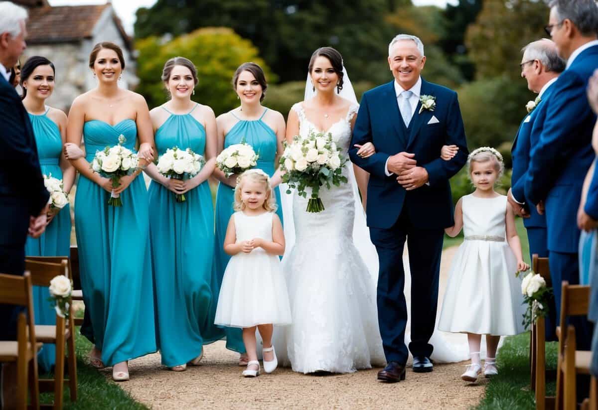 Bridesmaids walk in first, followed by the maid of honor, then the flower girl and ring bearer, and finally the bride escorted by her father