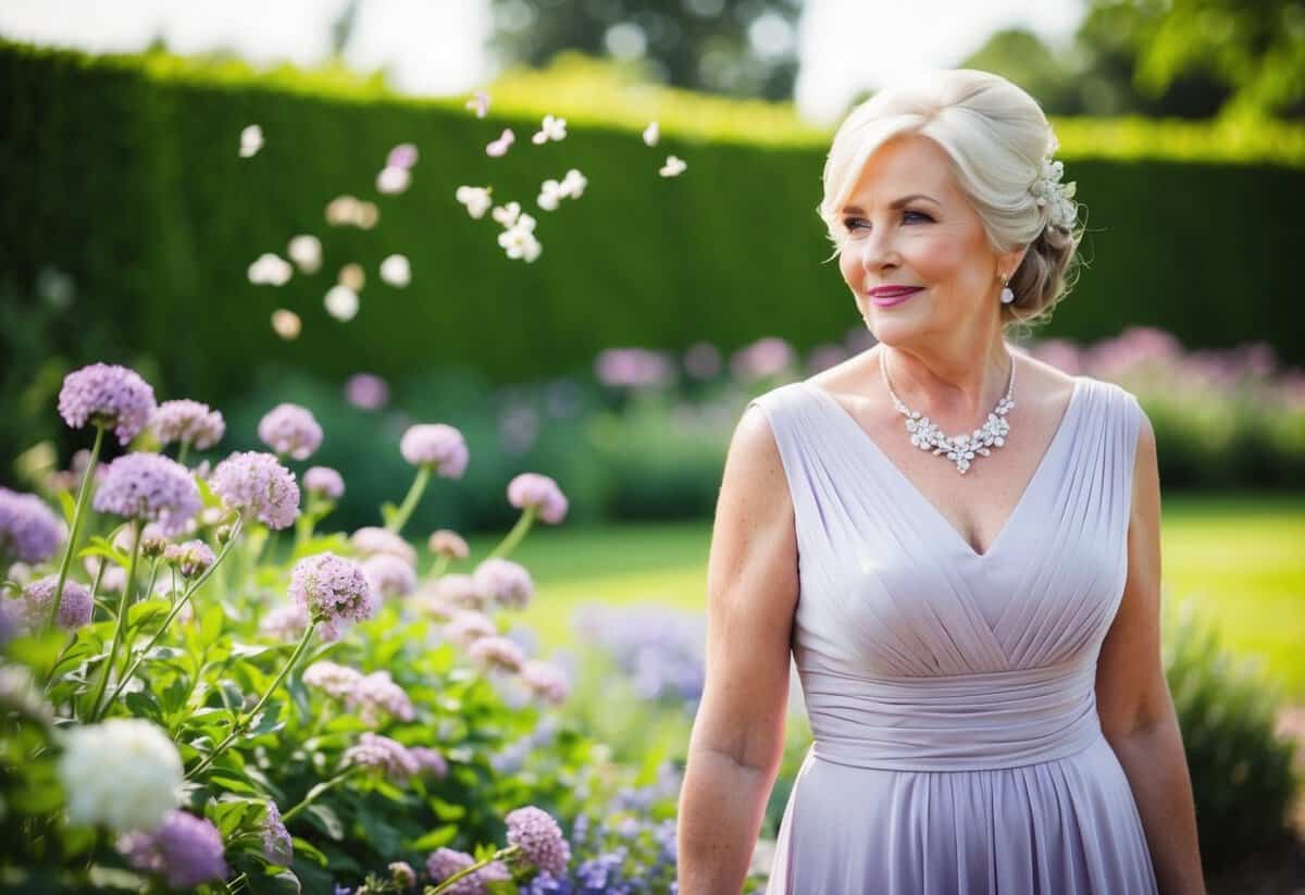 The bride's mother wears a soft lavender dress, standing beside a blooming garden with a gentle breeze blowing through the flowers
