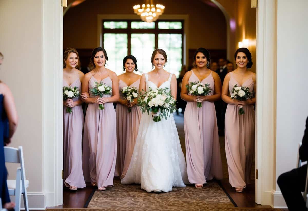 Bridesmaids enter venue before ceremony, following a designated path