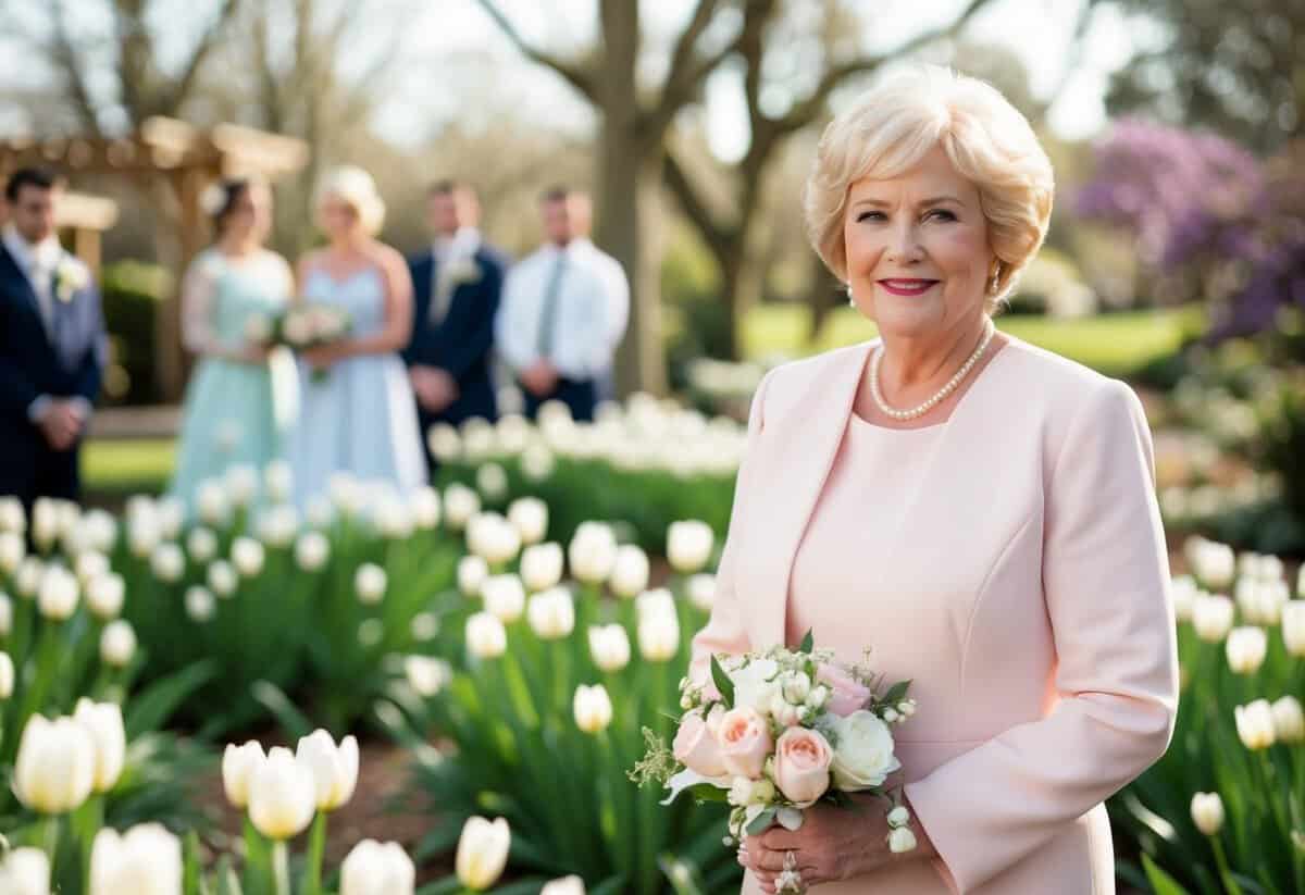 A spring wedding in a garden venue, where the bride's mother wears a soft pastel pink dress