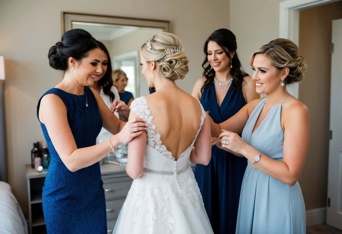 The bride's friends and family help her prepare for the big day, assisting with hair, makeup, and dressing
