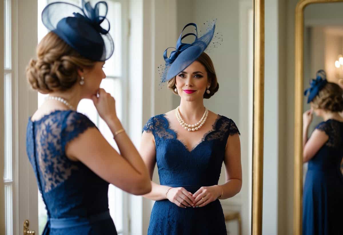 A woman in a deep navy blue dress, adorned with delicate lace and a matching fascinator, stands in front of a full-length mirror, adjusting her pearl necklace