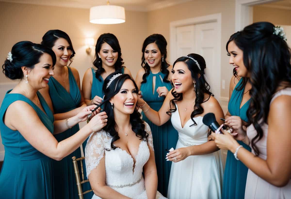 The bridal party gathers around the bride, assisting with hair and makeup, and sharing in the excitement of the upcoming wedding