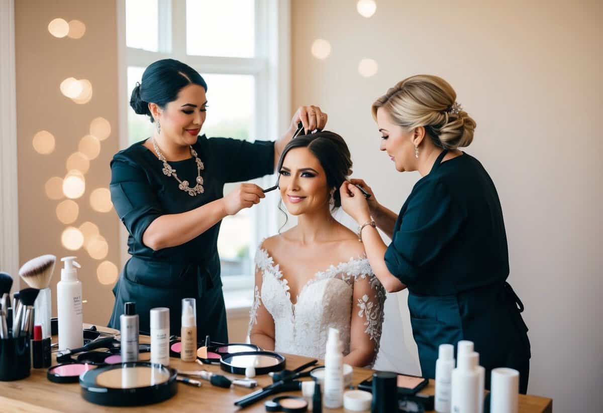 A stylist and makeup artist prepare the bride for her wedding day, surrounded by beauty products and tools