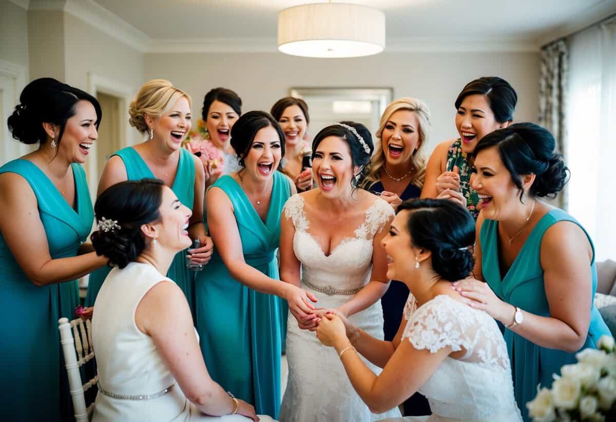 The bride's closest friends and family gather in a room filled with laughter and excitement, helping her prepare for the big day