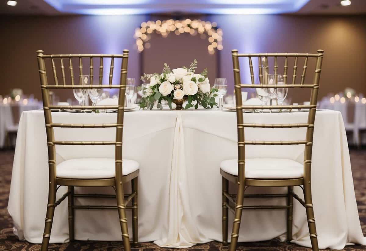 Two empty chairs flank the bride and groom's table, adorned with elegant decorations and positioned at the center of the reception hall