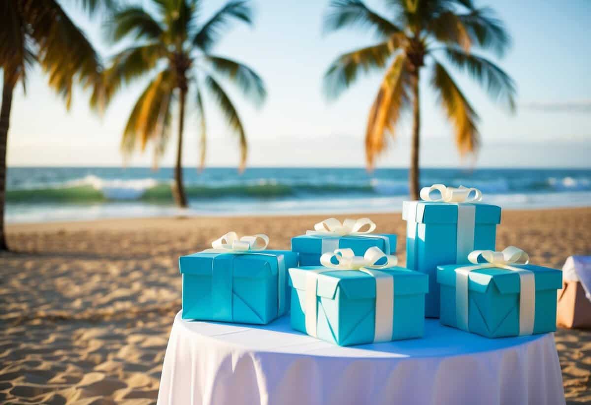 A beach wedding with a gift table and wrapped presents, surrounded by palm trees and ocean waves in the background