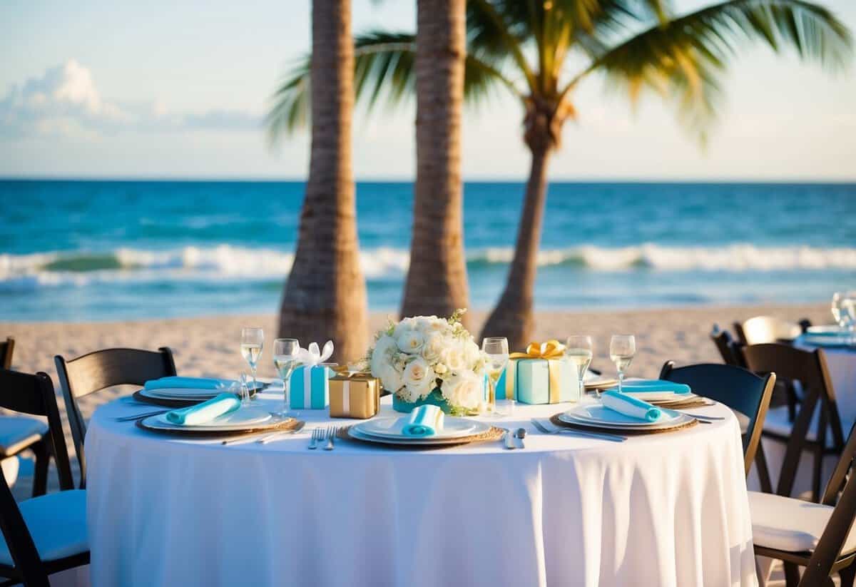 A beach wedding with a table adorned with thoughtful gifts and a scenic backdrop of the ocean and palm trees