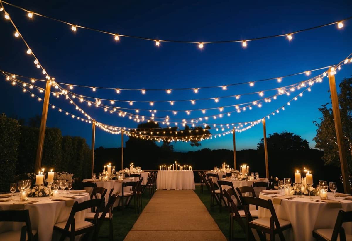 A dimly lit outdoor wedding venue at dusk, with fairy lights twinkling and candles flickering on tables. The sky is a deep blue, and the stars are just beginning to appear