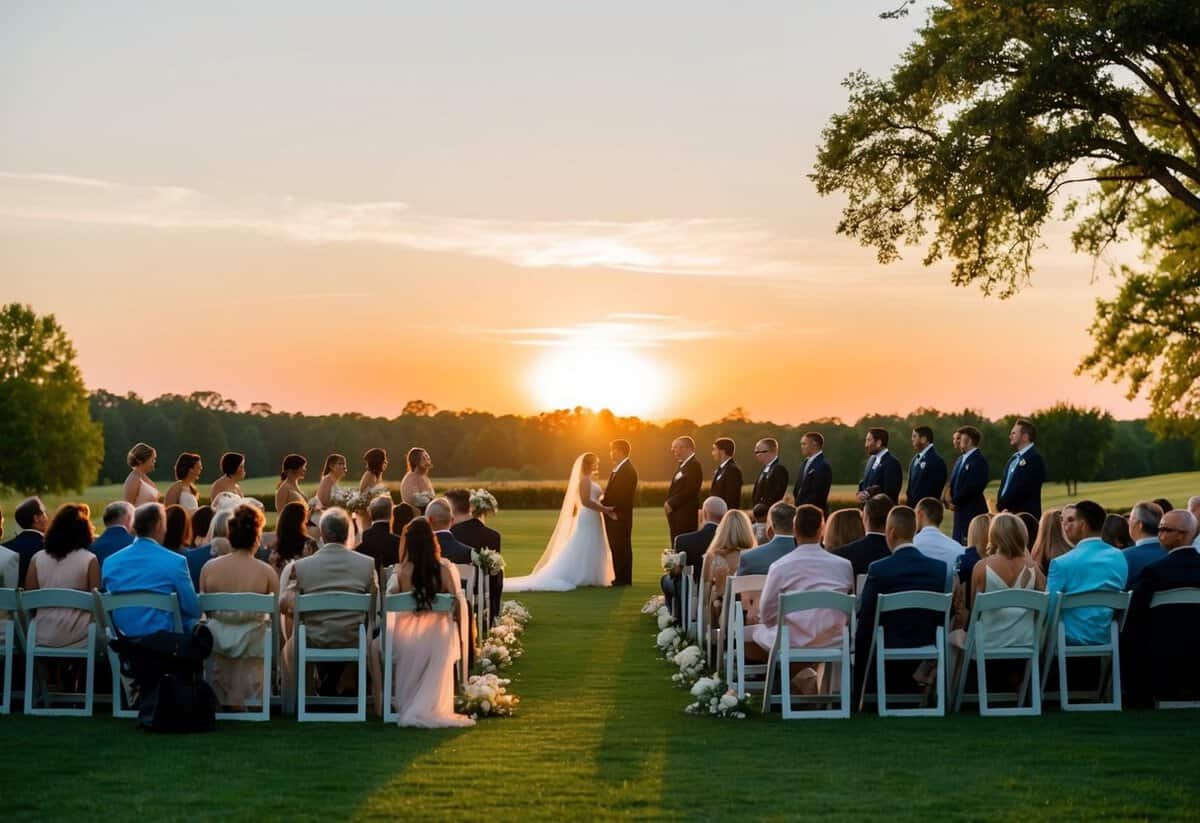 A sun setting over a serene outdoor wedding venue, with guests seated and waiting for the ceremony to begin