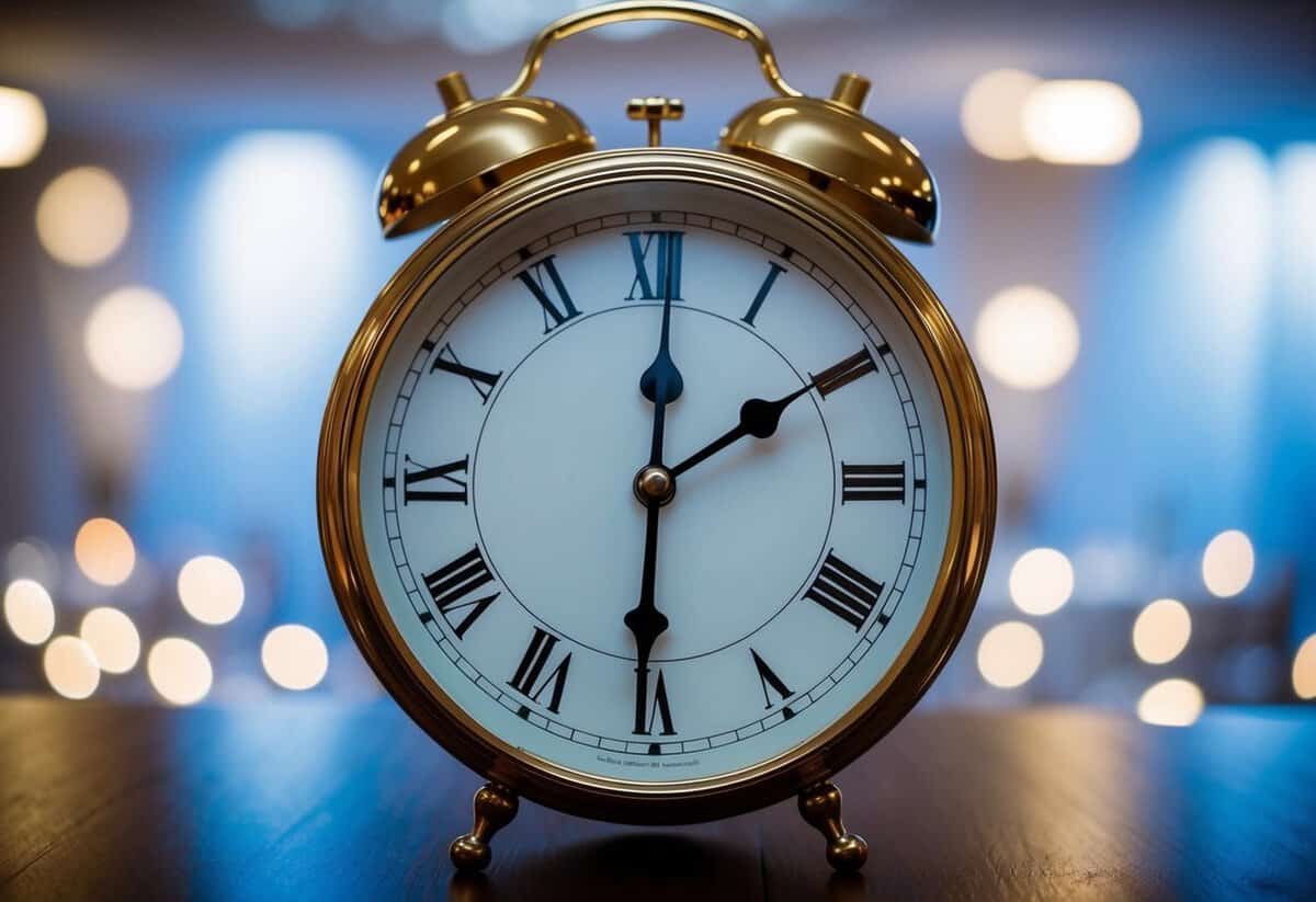 A clock striking midnight with a closed wedding venue in the background