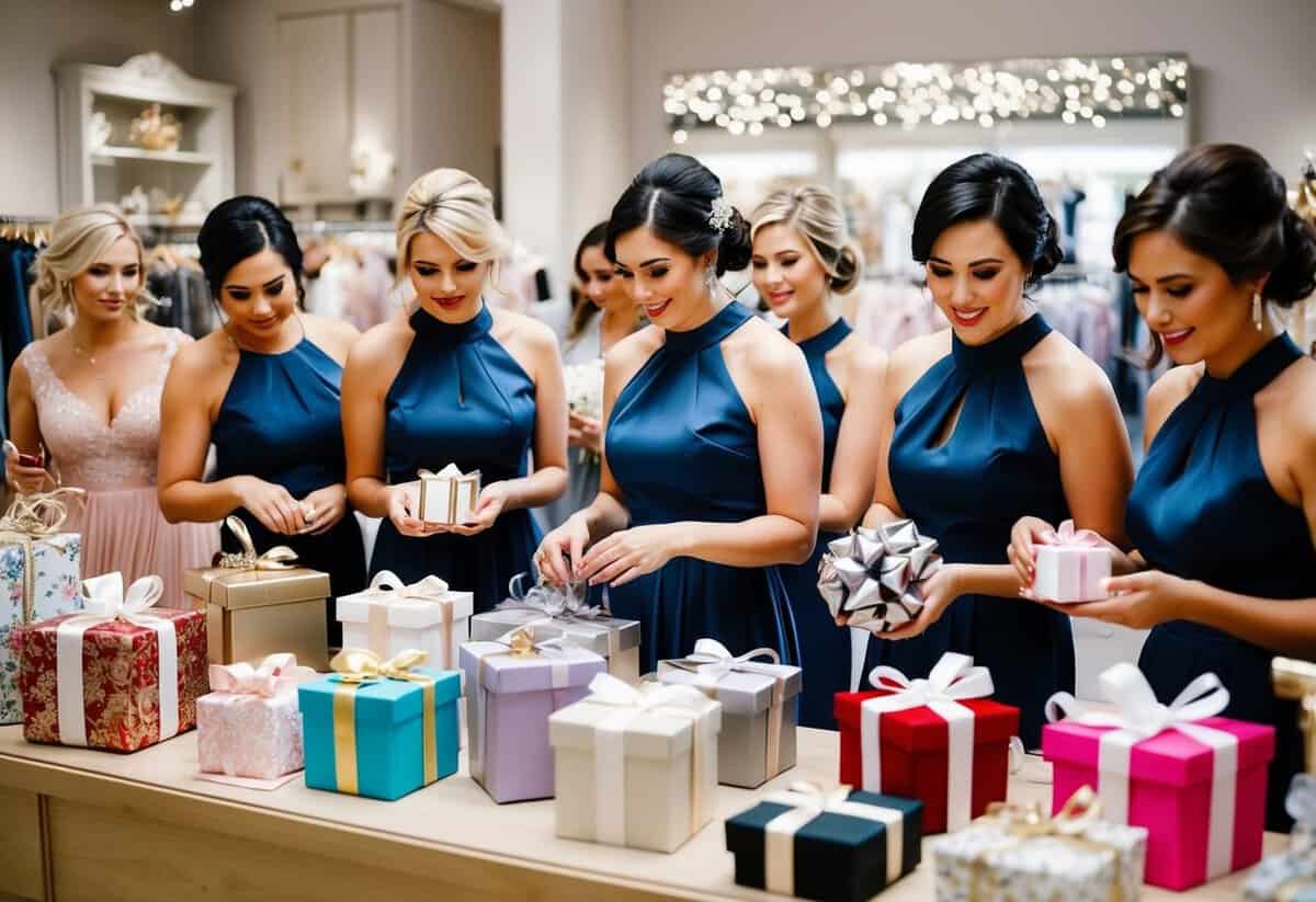 A group of bridesmaids browsing through a variety of elegant gifts at a boutique