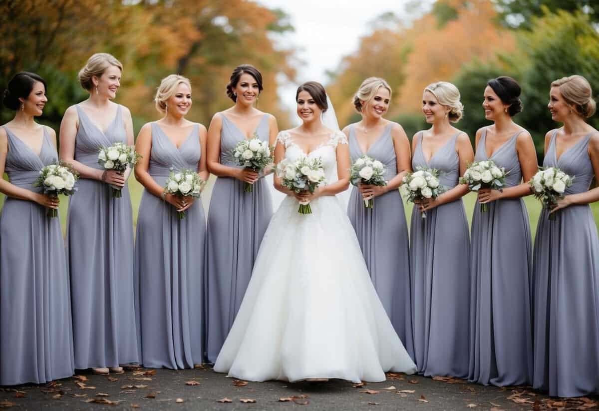 The bride purchases matching bridesmaid dresses and accessories