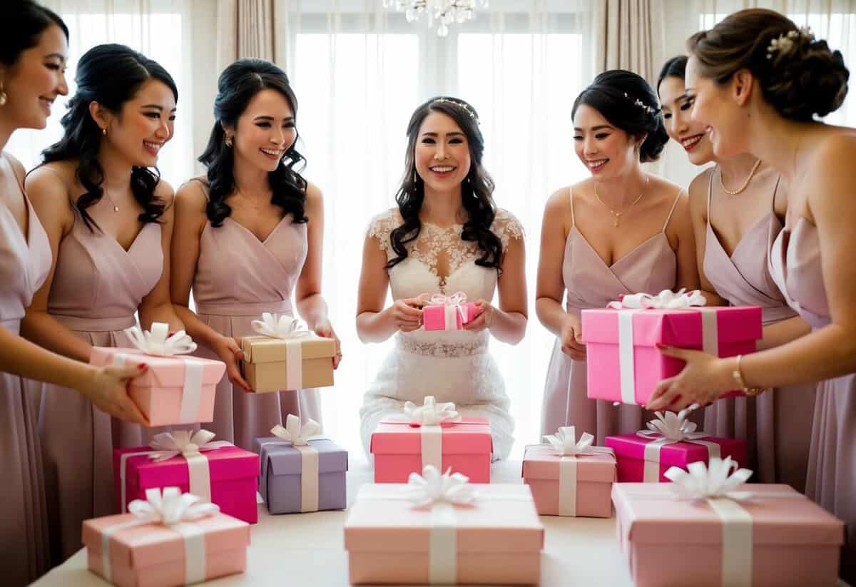 A group of bridesmaids gather around a table, each holding a beautifully wrapped gift. The bride sits in the center, smiling and opening the presents with excitement