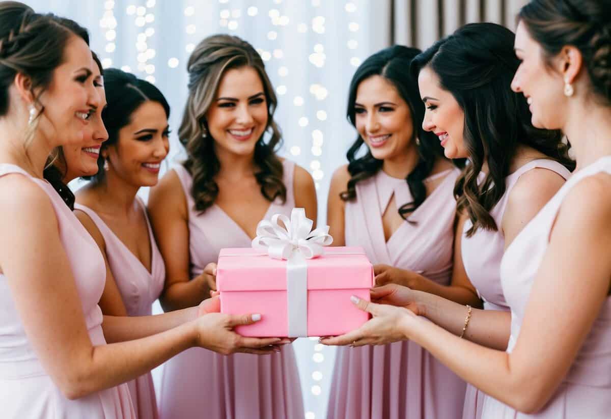 A group of bridesmaids presenting a thoughtful and unique gift to the bride at a bridal shower or bachelorette party