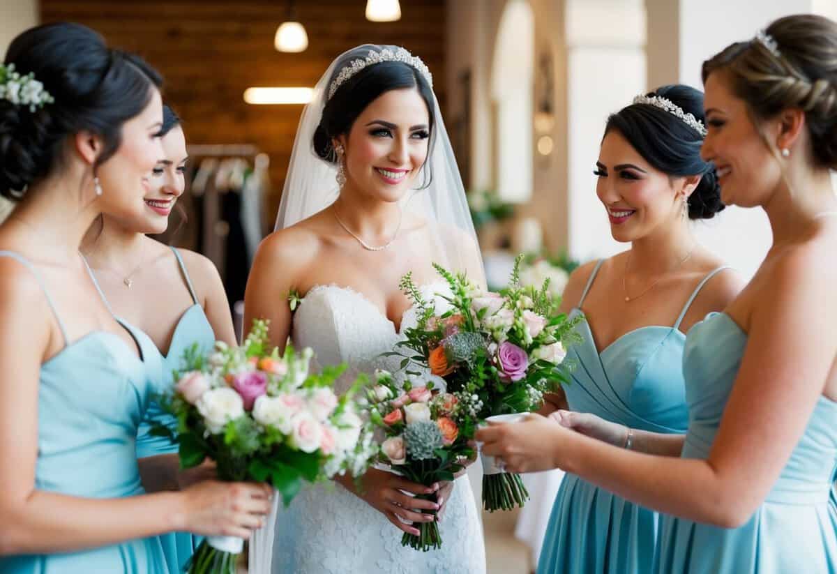A bride selecting and purchasing flowers and accessories for her bridesmaids