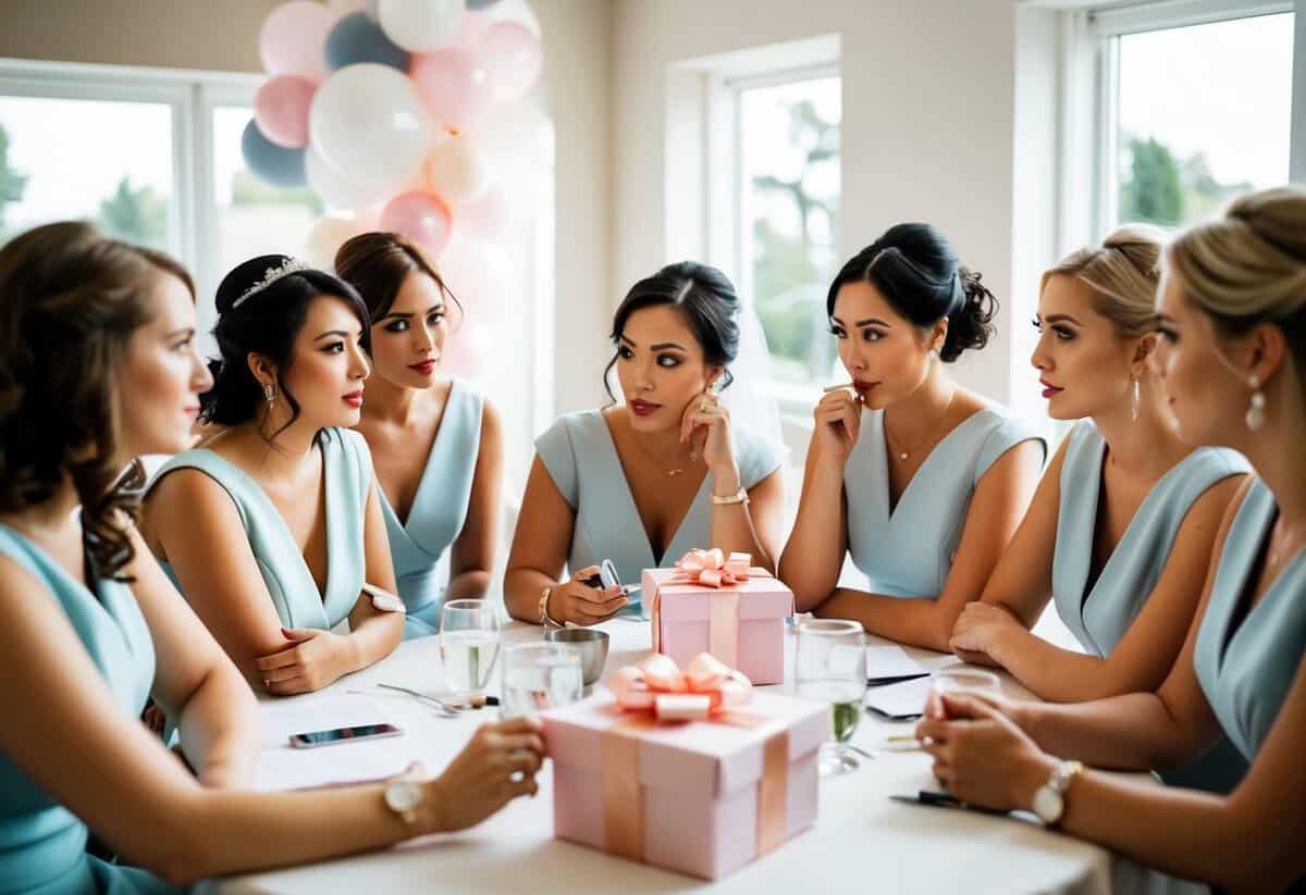 A group of bridesmaids gathered around a table, discussing whether to buy a gift for the bride after the wedding. They are deep in conversation, with thoughtful expressions on their faces