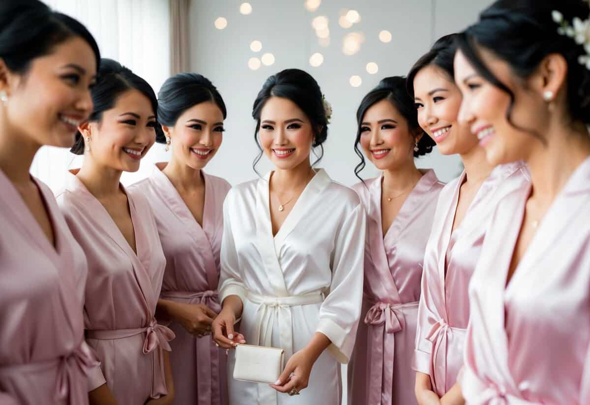 The bride purchases matching robes and accessories for her bridesmaids to wear during pre-wedding events