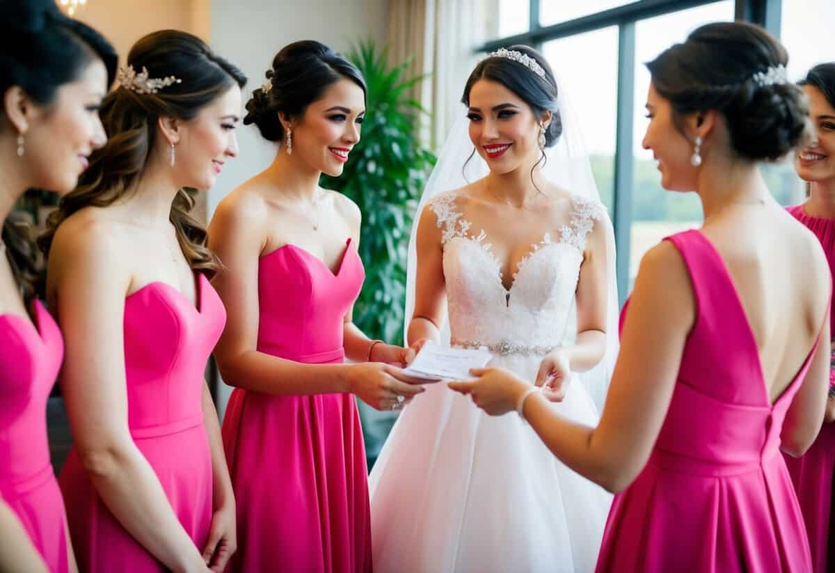 A bride handing out dresses to her bridesmaids and discussing payment