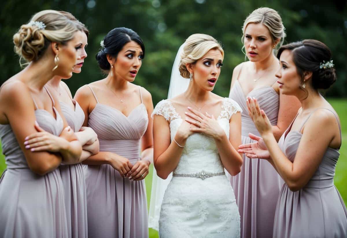 Bridesmaids discussing dress costs with the bride, expressing concern and uncertainty