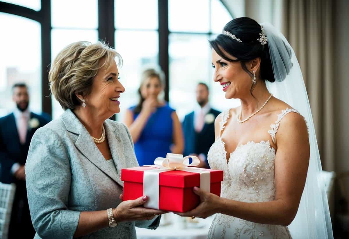 A bride presents a gift to the mother of the bride