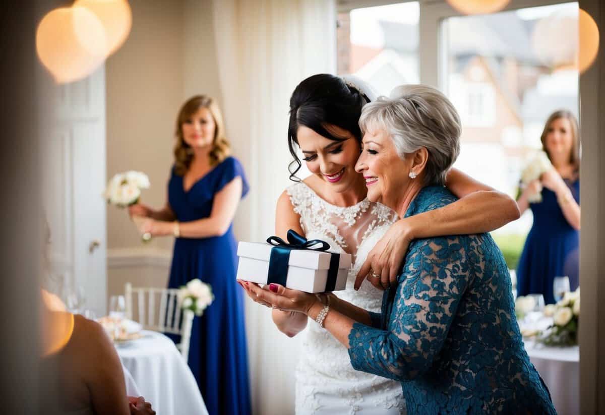 A bride presents a thoughtful gift to her mother, who is touched by the gesture. The two women share a warm embrace, surrounded by wedding day preparations