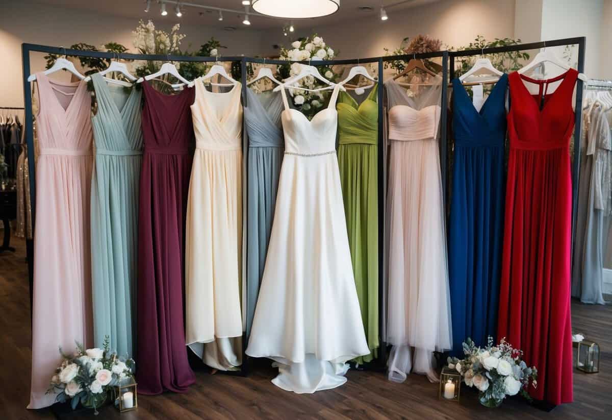Bridesmaid dresses displayed in a boutique, varying in style and color, surrounded by wedding decor and accessories