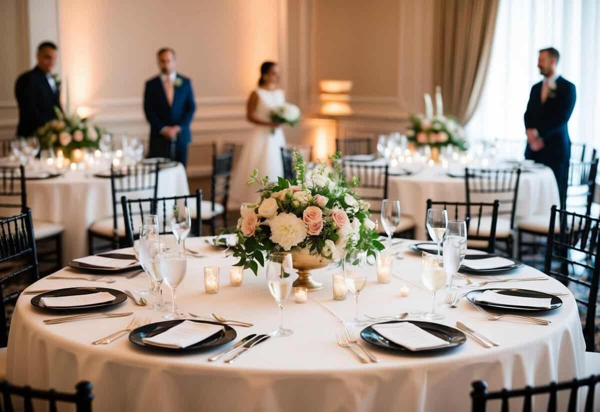A beautifully set wedding reception table with elegant floral centerpieces and place settings for the guests