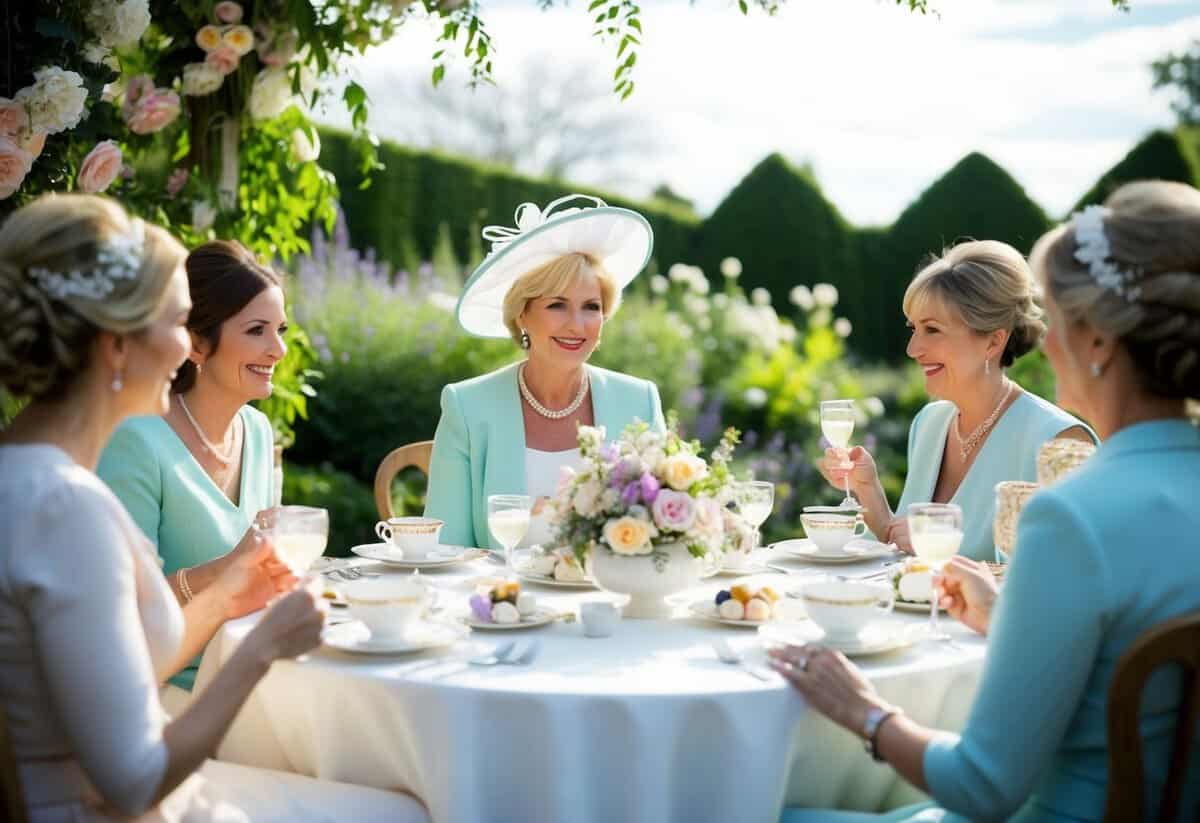 The mother of the bride hosts a pre-wedding tea party in her garden, with delicate floral decorations and a table set with elegant china and pastel-colored pastries