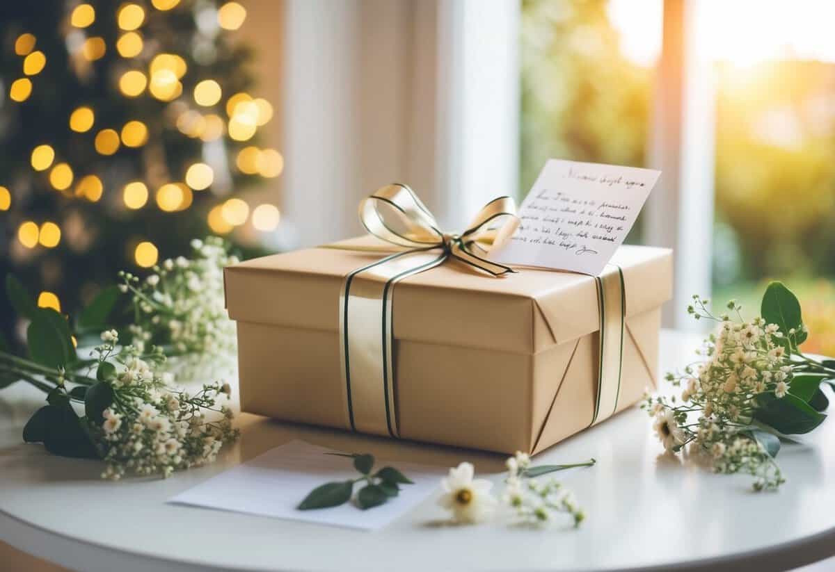 A beautifully wrapped gift box sits on a table, surrounded by delicate flowers and a handwritten note