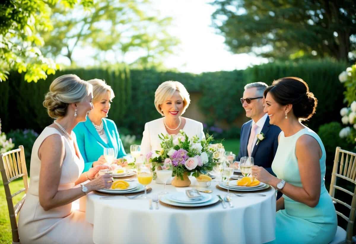 The mother of the bride hosts a brunch in a sunlit garden, with elegant table settings and a floral centerpiece