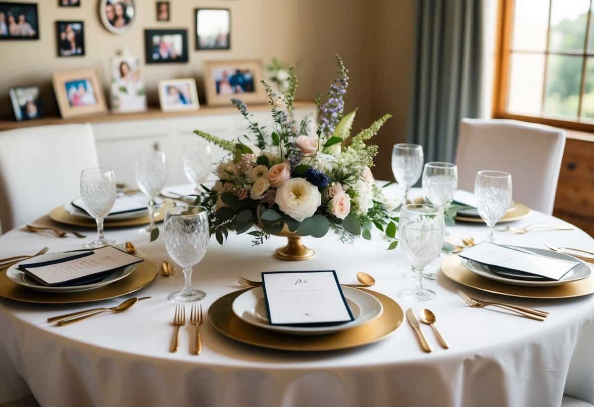 A table set with elegant place settings and a floral centerpiece, surrounded by family photos and sentimental decorations