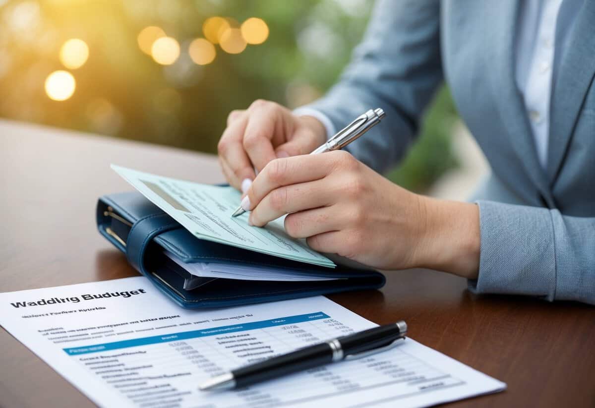A woman's hand holds a checkbook and pen, while a wedding invitation and budget spreadsheet lay on the table