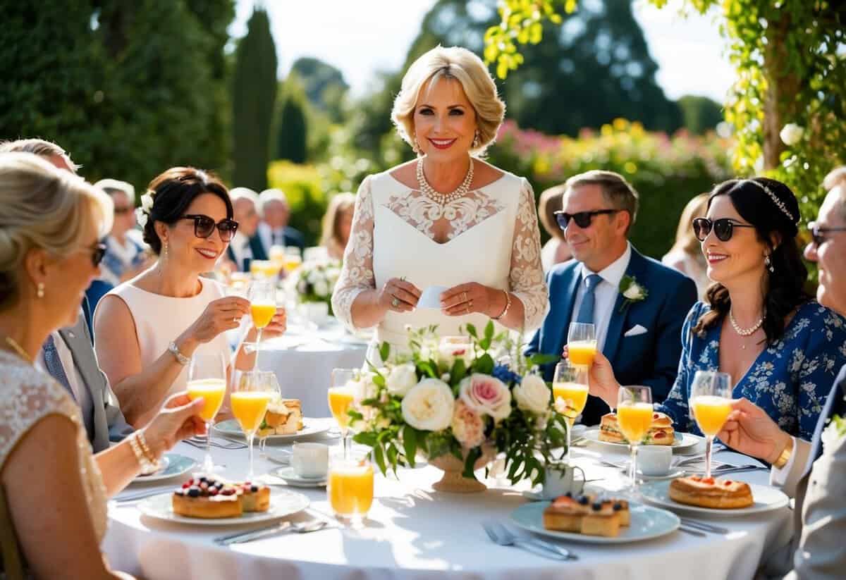 The mother of the bride hosts a post-wedding brunch in a sunlit garden, with tables adorned with floral centerpieces and guests enjoying mimosas and pastries