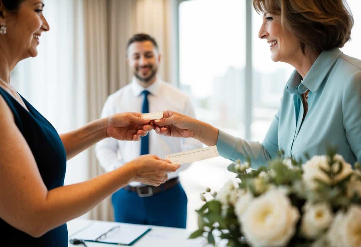 A mother handing over a check to a wedding planner