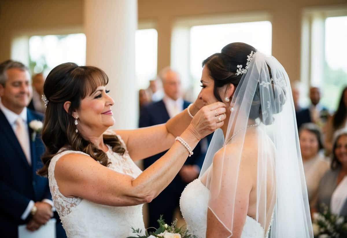 The mother of the bride lovingly adjusts the bride's veil before the ceremony