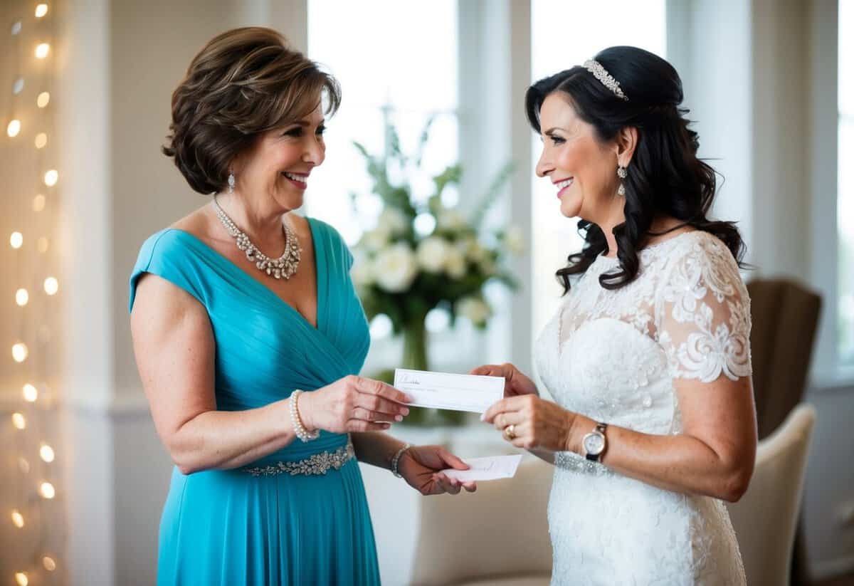 A mother of the bride handing over a check to a wedding planner