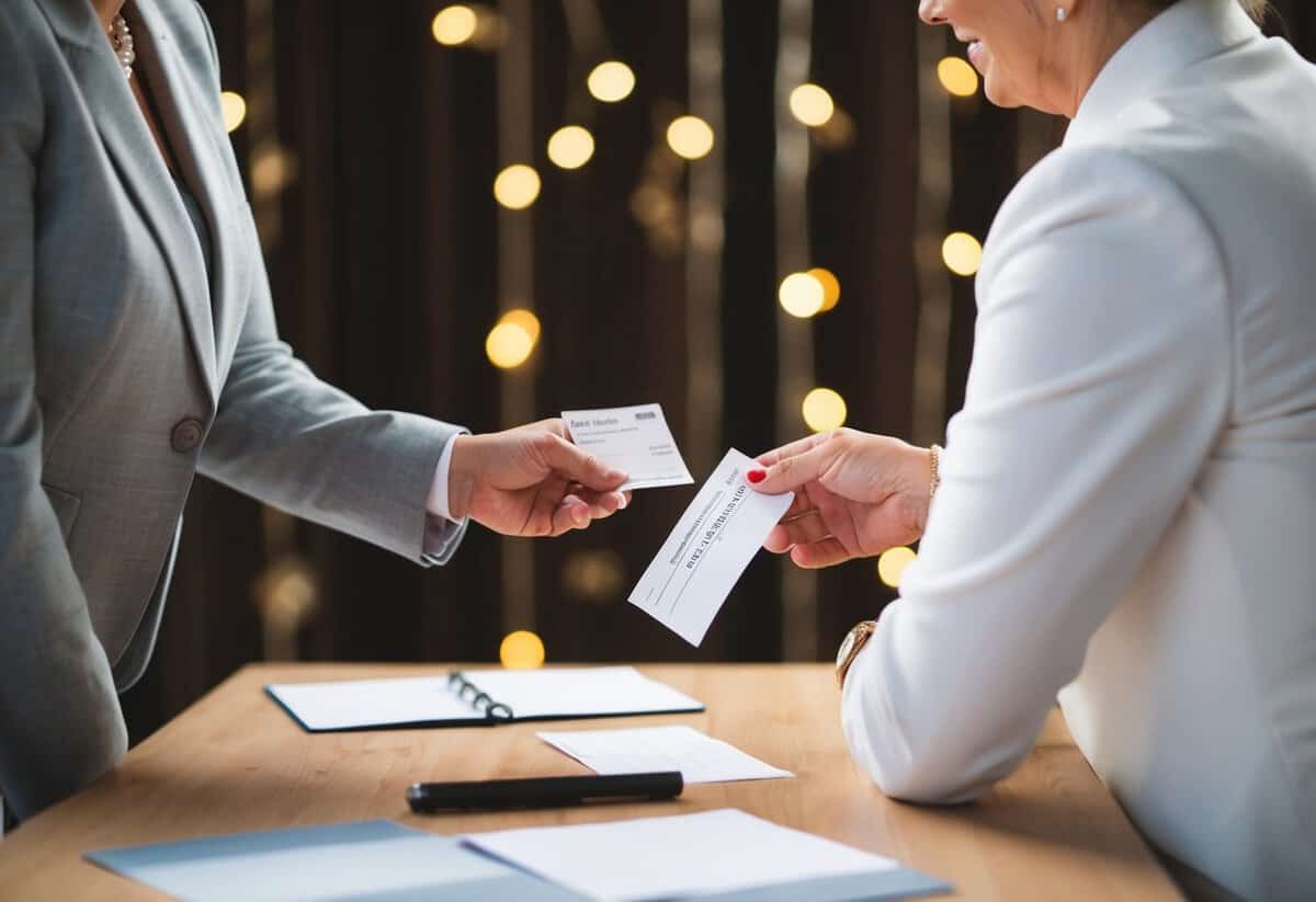 A mother handing over a check to a wedding planner