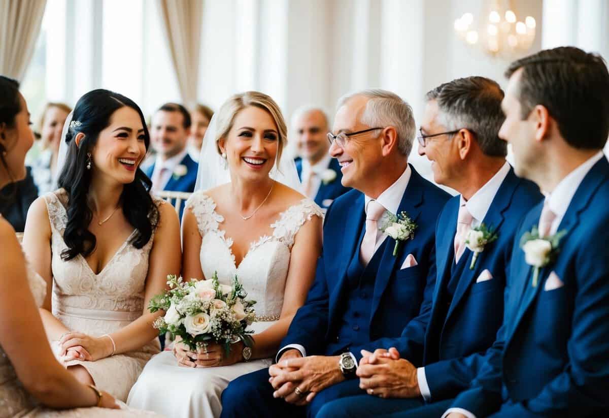 Both sets of parents sit together at a wedding, sharing smiles and conversation as they celebrate the union of their children