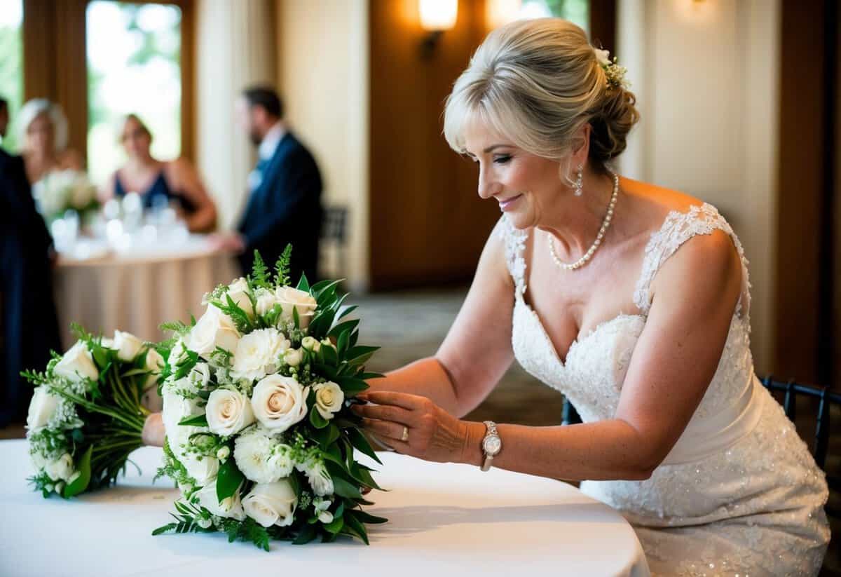 The mother of the bride lovingly arranges the bridal bouquet on a table at the wedding venue