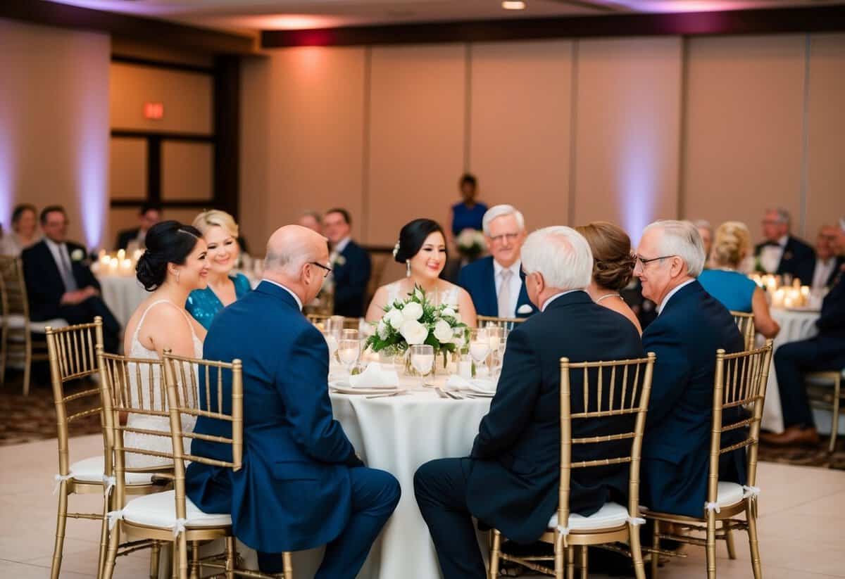 The wedding reception layout shows both sets of parents seated together at a single table
