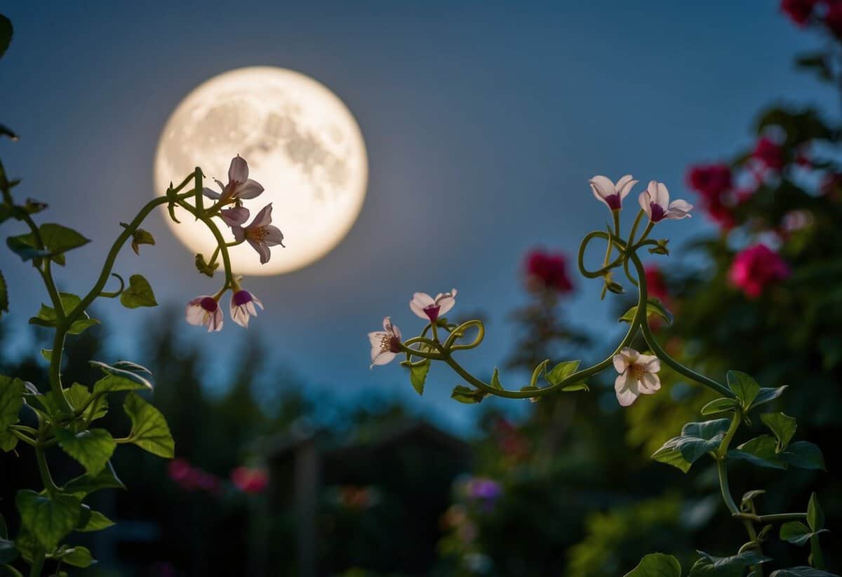 A moonlit garden with two entwined flower vines