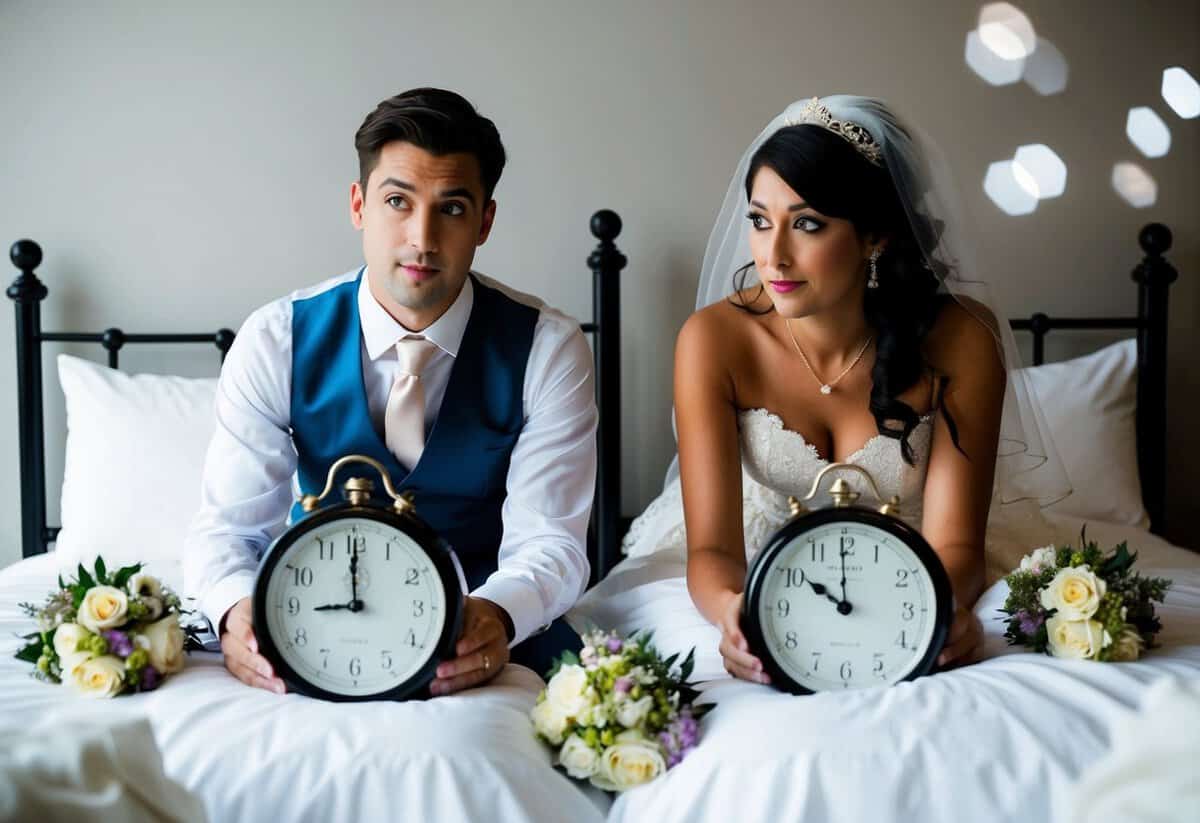 The groom and bride sit on separate beds, looking nervously at the clock, surrounded by wedding attire and flowers