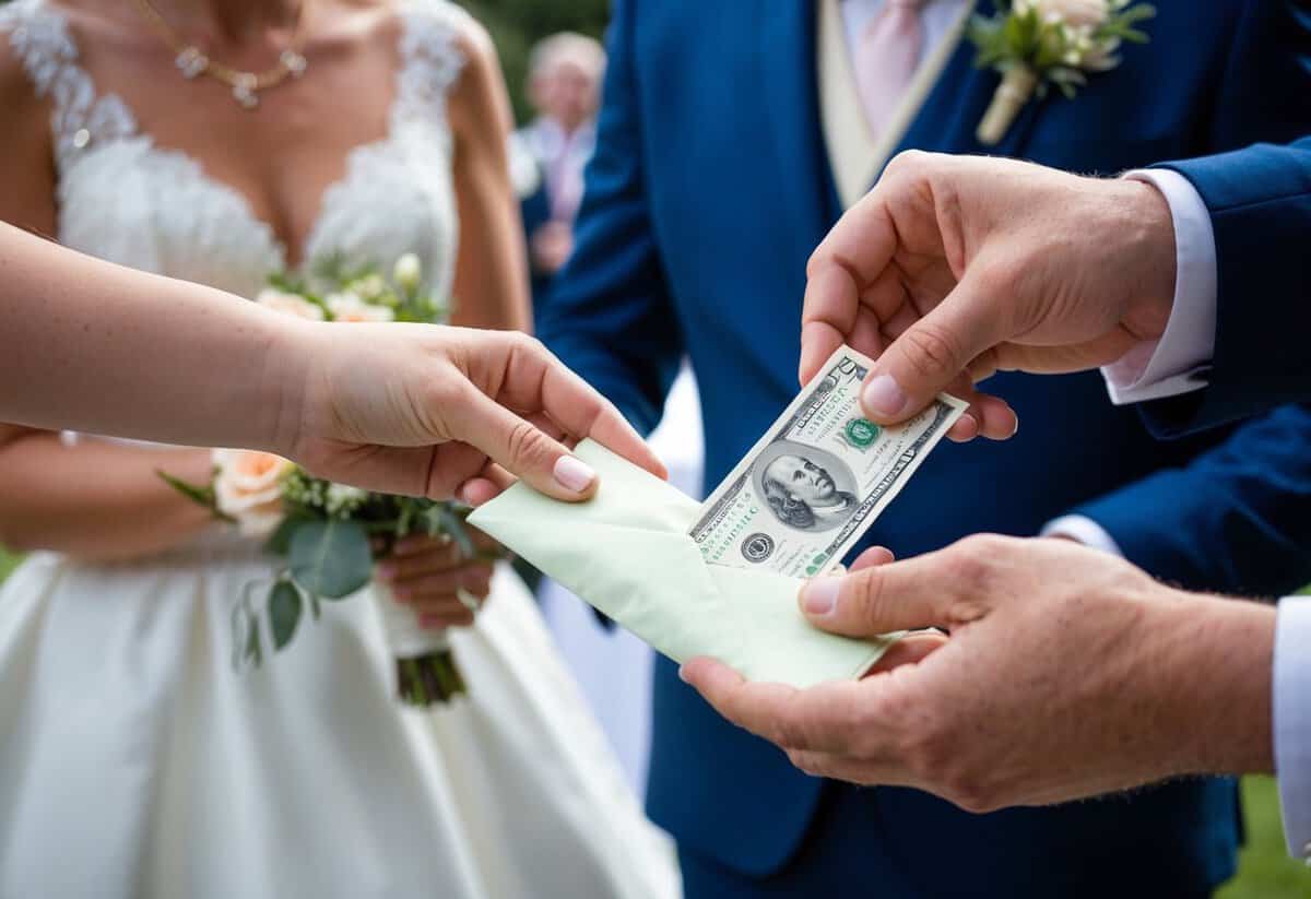 A beautifully wrapped envelope containing cash is handed to a couple at a wedding reception in the UK