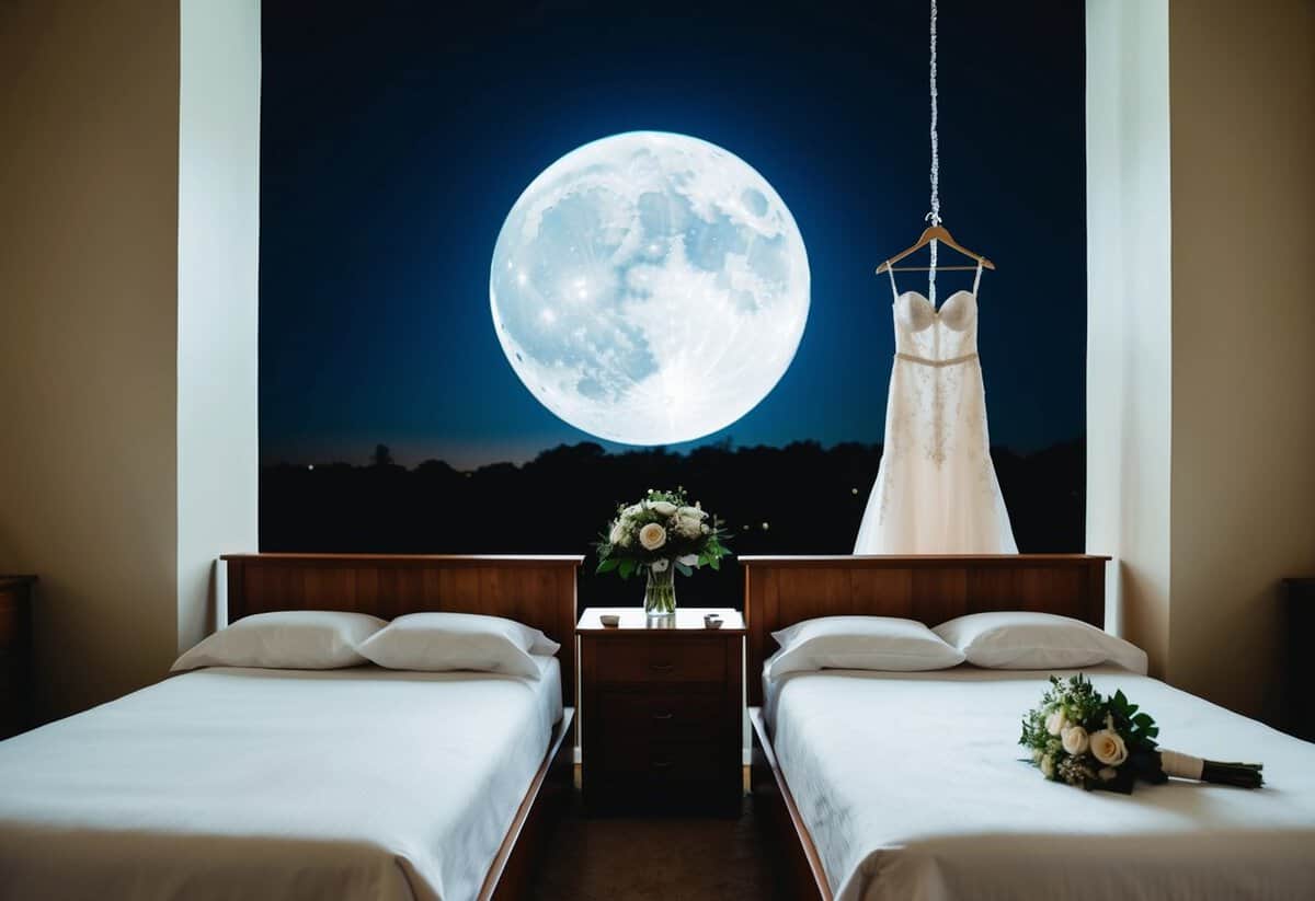 A moonlit bedroom with separate beds for the bride and groom, a wedding dress hanging in the background