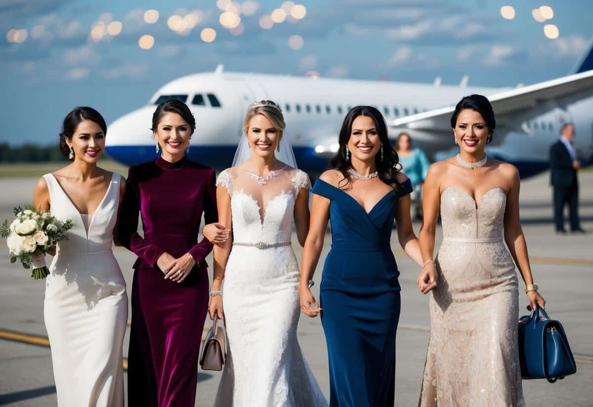 A group of women in elegant attire boarding a plane together, with the mother of the bride leading the way