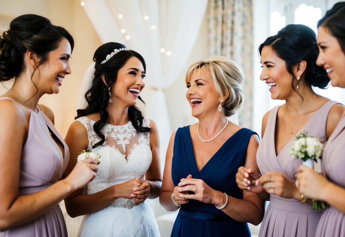 The mother of the bride discusses pre-wedding arrangements with the bridesmaids, sharing laughter and excitement as they plan for the big day